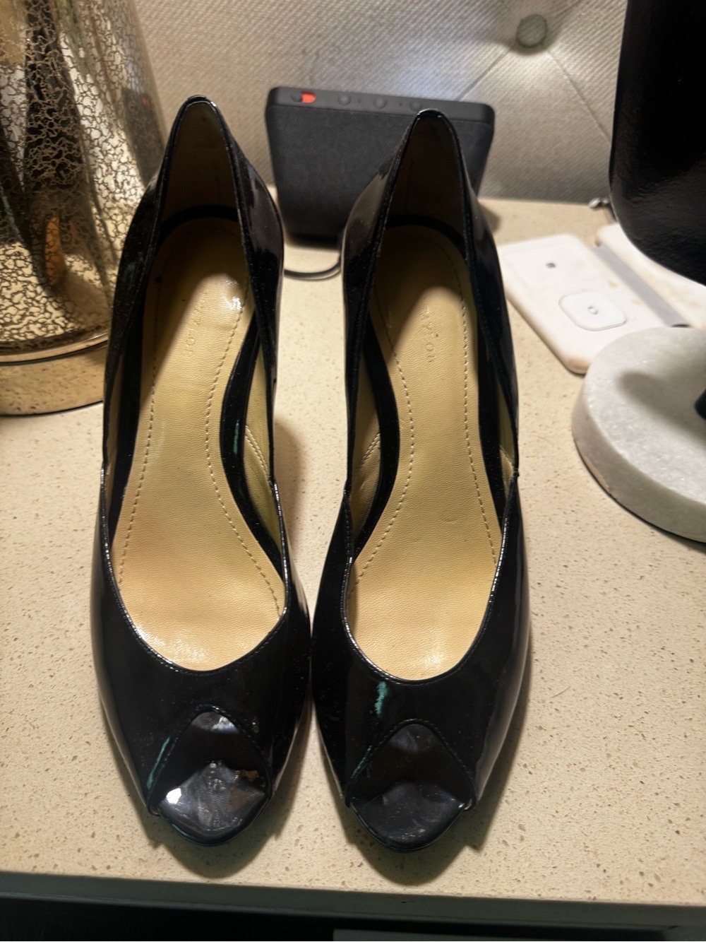 Anne Klein Black Patent Leather Peep Toe Heels